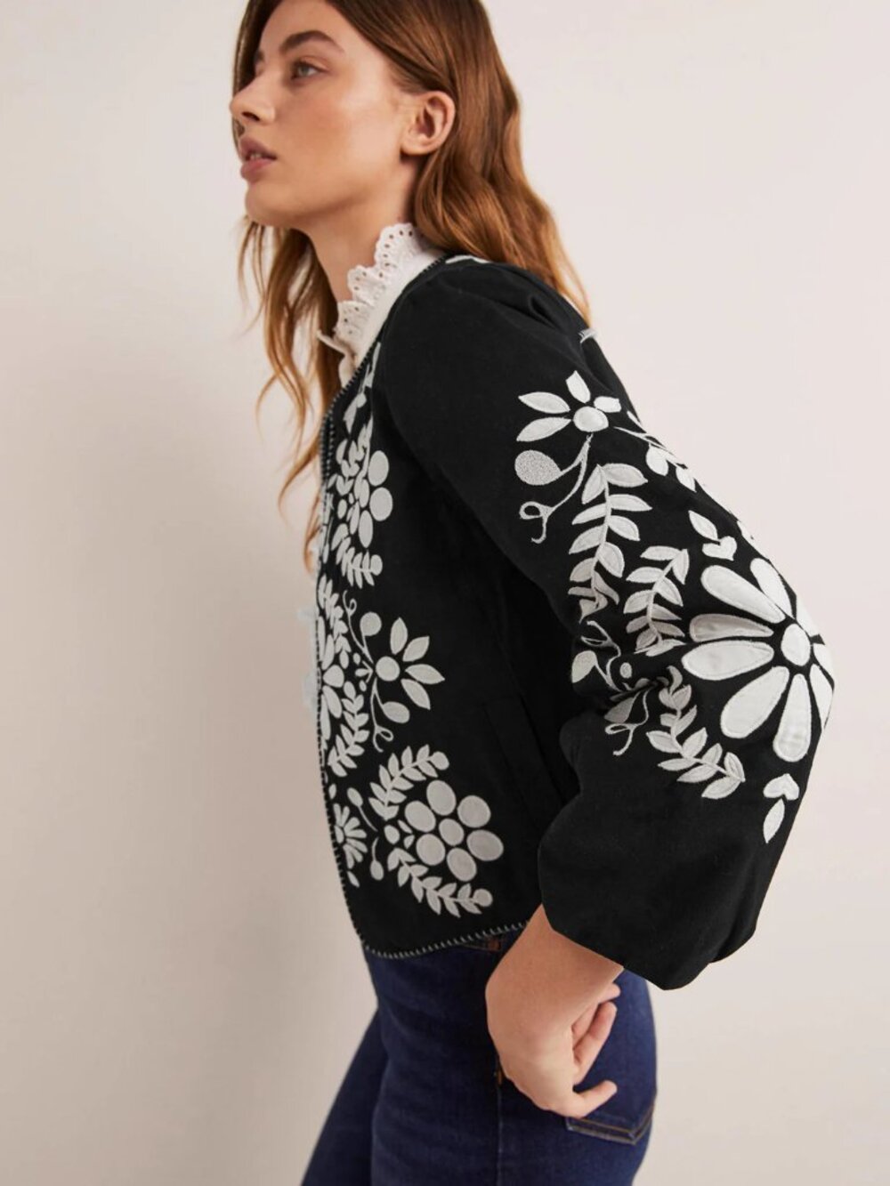 Boden Black Embroidered Open Front Cropped Jacket - Picture 3 of 9